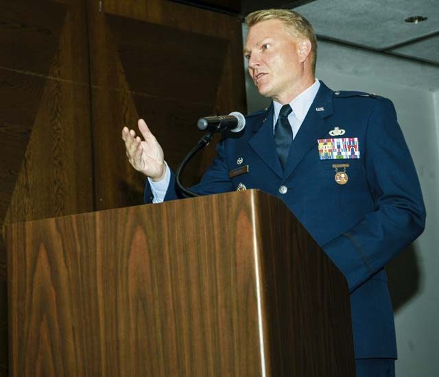 Col. Shan Nuckols gives his first remarks as commander after assuming command of the Air Force Office of Special Investigations’ 5th Field Investigations Region June 29, 2016, at Ramstein Air Base, Germany. Nuckols took over the 5th FIR from Col. James Hudson.