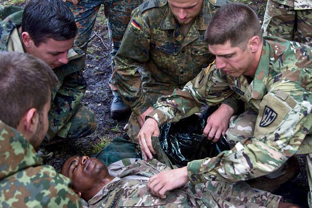U.S. and German Soldiers learn how to treat hypothermia during the medical rescue portion of Alpendistel 2016.
