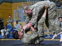 Photos by Staff Sgt. Frank Brown Jr.
First Lt. Kendall Ward, 173rd Infantry Brigade Combat Team (Airborne) and 2016 Best Officer Warrior, grapples with 1st Lt. Ethan Klausner, 2nd Cavalry Regiment and category runner-up, during a combatives tournament Aug. 11, the final day of the European Best Warrior Competition, at the Grafenwoehr Training Area, Germany. The U.S. Army Europe and 21st Theater Sustainment Command senior enlisted leaders unveiled the region’s Best Warriors during an award ceremony held later in the day at the Tower Barracks Physical Fitness Center.