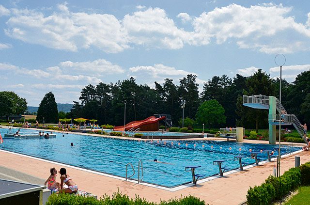 Courtesy photo Miesau pool The public swimming pool in Bruchmuehlbach-Miesau, Wald-warmfreibad, has different opening hours during German schools’ summer break. Hours are 9 a.m. to 8 p.m. daily through the end of August. The facility offers three pools for swimmers, nonswimmers and toddlers and a 2-hectare grass area for sunbathing. There is a playground, soccer and beach volleyball fields, and a kiosk offering snacks and beverages. Admission is €3.50 for adults and €2 for children. For details, visit www.freibad-miesau.de.