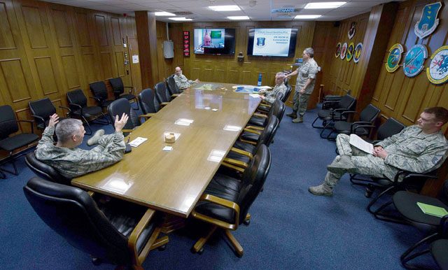 A group of commanders from the 435th Air Ground Operations Wing participate in an inspection meeting Aug. 4 on Ramstein. The meetings are designed to properly train commanders on what to expect during inspections.