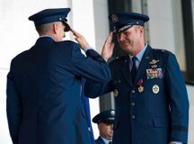 Photo by Airman 1st Class Joshua Magbanua
Brig. Gen. Jon T. Thomas (right) salutes Lt. Gen. Timothy M. Ray, 3rd Air Force commander, after being awarded the Legion of Merit medal in recognition of his service as the 86th Airlift Wing commander Aug. 17 on Ramstein. Thomas is slated to become the director, Strategic Plans, Requirements and Programs, Headquarters Air Mobility Command, Scott Air Force Base, Illinois.