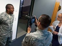 Capt. Henry Howard, 435th Contingency Response Squadron aircraft maintenance flight commander, participates in a mock interview with 86th Airlift Wing Public Affairs personnel Aug. 4 on Ramstein. The interview was part of a media training event that prepared Airmen for interviews by media personnel.