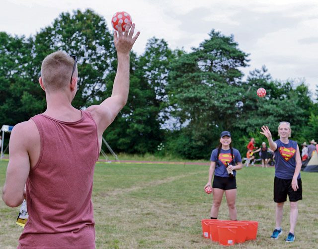Participants in the 2016 Viking Challenge play a game of water pong July 22 on Pulaski Barracks. Every other hour, events such as cornhole, water pong, tire flipping and water balloon toss were held.