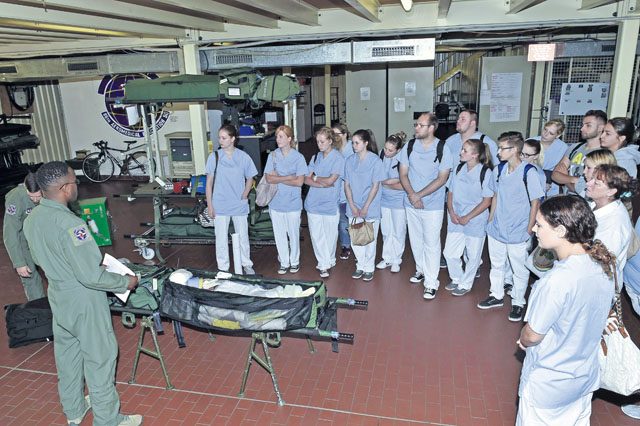 Nursing students from Caritas Schulzentrum St. Hildegard in Saarbruecken, Germany, listen to a flight medic from the 86th Aeromedical Evacuation Squadron during a tour of the 86 AES facilities Sept. 13 on Ramstein. The students received an introduction to the 86 AES mission from Airmen assigned to the squadron.