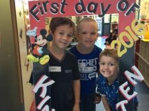 Callen Probst (left), Brian Carr (center) and William Hodl, Vogelweh Elementary School students, pose for a picture during their first day of kindergarten in Summer Pickel's class Sept. 6 at VES.