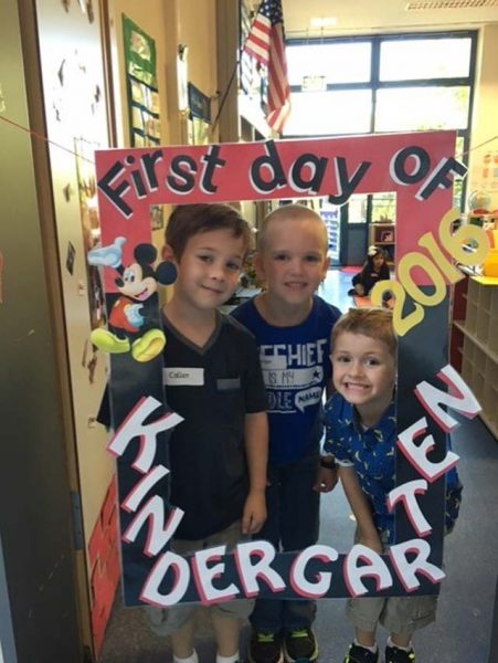 Callen Probst (left), Brian Carr (center) and William Hodl, Vogelweh Elementary School students, pose for a picture during their first day of kindergarten in Summer Pickel's class Sept. 6 at VES.