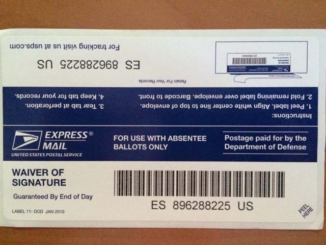 Courtesy photo Voters will receive a copy of the express mail 11-DOD label used to mail absentee ballots to the U.S. The express mail label includes a tracking number customers can use to track the status of their ballots on the USPS website.