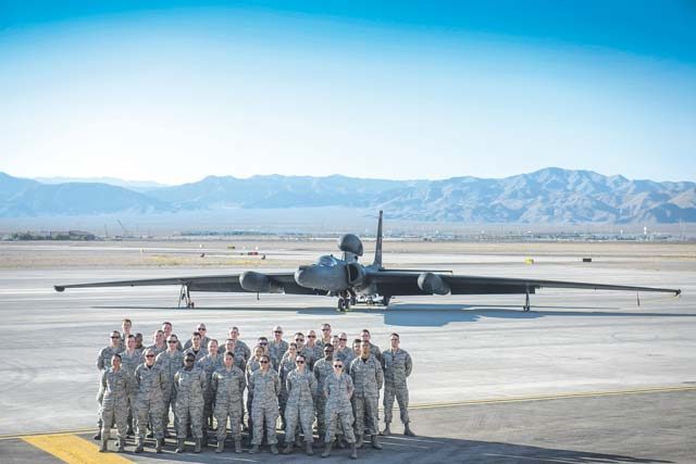 Photo courtesy of the U.S. Air Force The Distributed Ground Station-4 team takes a team picture in front of the U-2 during the Red Flag 16-3 exercise July 11 to 29 at the Nevada Test and Training Range on Nellis Air Force Base, Navada. The mission of Red Flag is to provide unrivaled air, space and cyber combat power for America by combining available assets to create the most realistic possible air, ground and space threat environment for combat training.