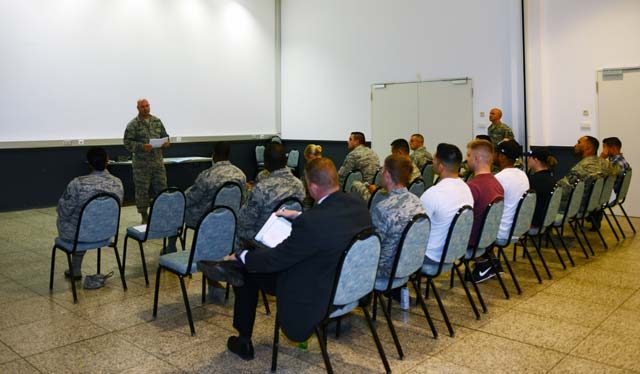 Chief Master Sgt. Aaron D. Bennett, 86th Airlift Wing command chief, speaks to the Kaiserslautern Military Community 5/6 organization Sept. 1 on Ramstein. The KMC 5/6, a volunteer organization, professionally develops and mentors noncommissioned officers.