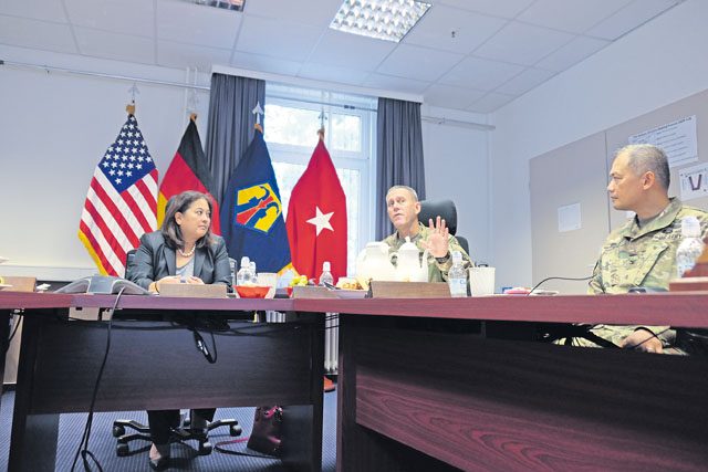 The United States assistant secretary of the Army for Manpower and Reserve Affairs, Debra S. Wada, meets with 7th Mission Support Command and 21st Theater Sustainment Command Soldiers and civilians to give and receive feedback on U.S. Army and Army Reserve programs and policies to understand the Army Reserve’s specific role and missions under U.S. Army Europe Sept. 15. 