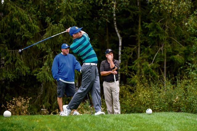 Senior Airman Steven Rogers, 86th Aircraft Maintenance Squadron C-130J Super Hercules crew chief, hits a golf ball during the Army and Air Force Challenge Match golf tournament Sept. 18 at Rheinblick Golf Course in Wiesbaden, Germany. The two-day tournament was held at Rheinblick and Woodlawn Golf Course on Ramstein.