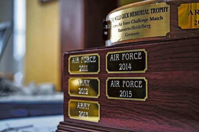 The Willi Geck Memorial Trophy rests on a table after being awarded to Air Force participants during the Army and Air Force Challenge Match golf tournament Sept. 18 at Rheinblick Golf Course in Wiesbaden, Germany. Airmen took home the trophy for the third year in a row with a score of 39-33.