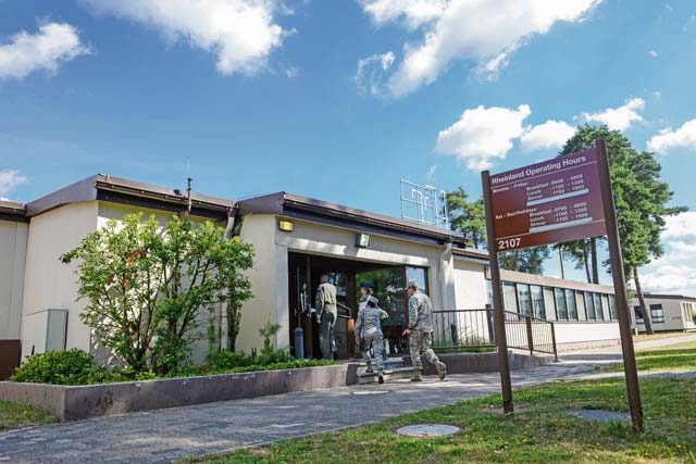 Airmen enter the Rheinland Inn Dining Facility for lunch Aug. 29 on Ramstein. The Rheinland Inn opens three times a day for breakfast, lunch and dinner. 