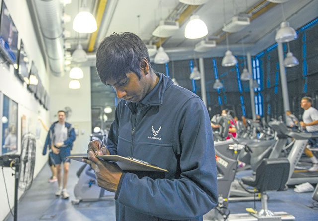 Victor Trey, 786th Force Support Squadron recreation assistant, conducts an hourly facility check Oct. 6 at the Southside Fitness Center on Ramstein. Staff at the SSFC are responsible for ensuring the facility is safe, secure and in proper operational condition.