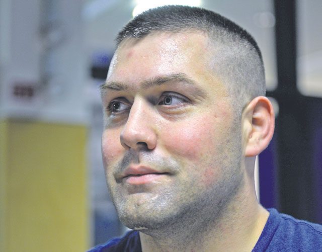 Sweat flows down the face of Tech. Sgt. Raymond LaCasse, 450th Intelligence Squadron correlation analyst, Oct. 13 at the 786th Force Support Squadron’s Southside Fitness Center on Ramstein. All Airmen are required to maintain physical fitness standards in accordance with their age bracket.
