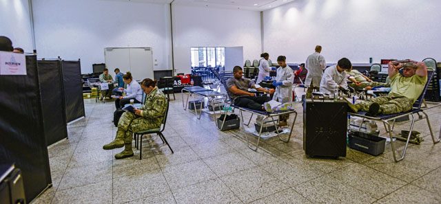 U.S. service members and civilians donate blood during a blood drive Sept. 20 at the Kaiserslautern Military Community Center. The Armed Services Blood Program-Europe team uses the collected blood samples to test donations for blood types, antibodies, diseases and other abnormalities to ensure a recipient of the donation receives the best possible match.