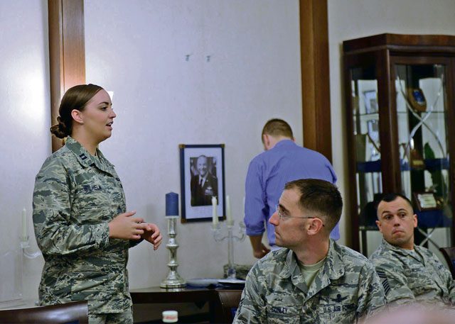 Capt. Lori Wilhelm, 86th Military Personnel Flight commander, tells a story at a mentoring luncheon Oct. 5 on Ramstein. During the luncheon company grade officers were able to ask questions and bring up concerns they had about the enlisted corps.