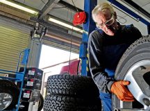 Greg Hermann, 86th Force Support Squadron tire technician, measures a winter tire for its weight balance Sept. 28 on Ramstein. German law states that every motor vehicle is required to have all-season or winter tires during winter conditions, including ice, black ice, frost, snow and slush.