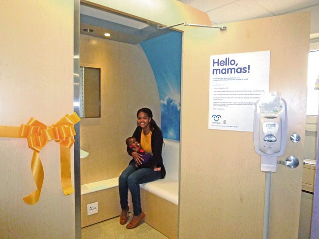 Capt. Amatul Davis, Landstuhl Regional Medical Center labor and delivery nurse, holds her son Sept. 15 in the new lactation support pod following a ribbon cutting ceremony at LRMC.