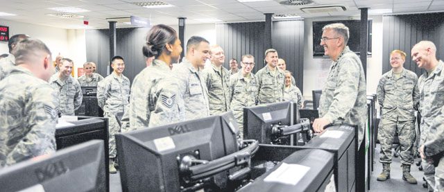 General John E. Hyten, Air Force Space Command commander, speaks with Airmen assigned to the 691st Cyberspace Operations Squadron Oct. 4 on Ramstein. The 691 COS was established in March with the deactivation of the 83rd Network Operations Squadron Detachment 4 and the 690th Network Support Squadron Detachment 1 under AFSPC.