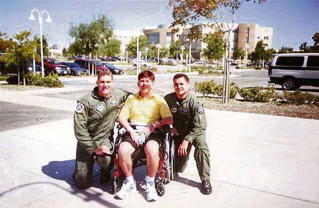Courtesy photo Nathan Day (left), Kevin Ormsby (center) and Vincent Dana pose for a photo in Palo Alto, California. Day and Dana, former colleagues of Ormsby, visited him after a skiing accident hospitalized him and grounded him from flying.