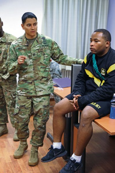 Capt. Sway Nunez, 254th Medical Detachment, speaks to Army Reserve medical professionals of the medical support unit of the 7th Mission Support Command during a “train the trainer” lesson in the science of sleep Oct. 22 on Daenner Kaserne.