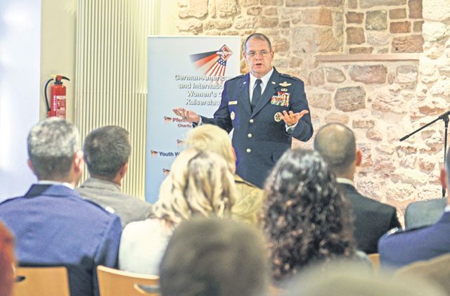 Brig. Gen. Richard G. Moore Jr., 86th Airlift Wing commander, speaks to a group of local community leaders and members during the 2016 German-American Day celebration Nov. 5 in Landstuhl. The Kaiserslautern German-American and International Women’s Club, the Atlantic Academy and key leaders from local communities around Ramstein came together to celebrate German-American Day with music and fellowship.