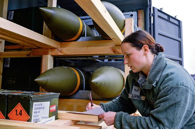 Senior Airman Jordan Burge, 86th Munitions Squadron munitions operations technician, takes accountability of ammunition Oct. 26 on Ramstein. Airmen of the 86 MUNS inspect, sort and ship munitions according to the intended destinations.