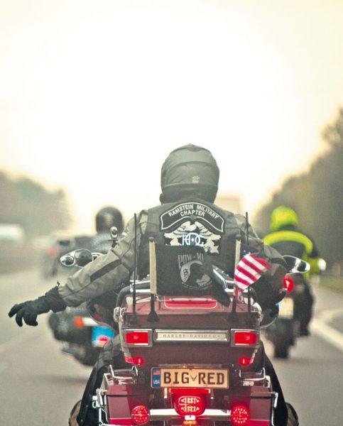 Members of the Ramstein military motorcycle club from the KMC ride in a group as they travel to pay their respects to the deceased Nov. 11 at the Lorraine American Cemetery in St. Avold, France.