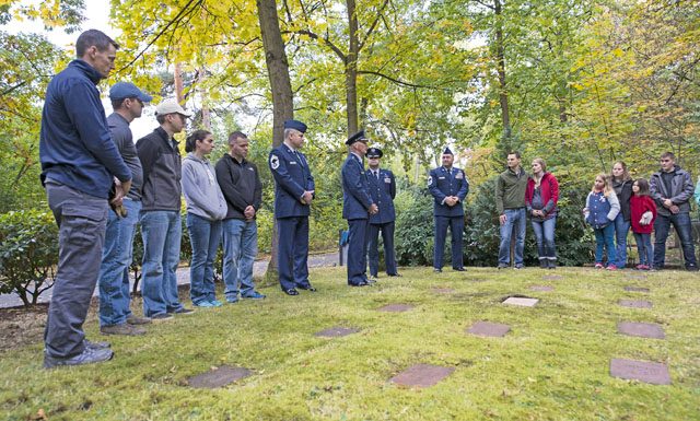 Maj. Gen. Timothy M. Zadalis, U.S. Air Forces in Europe and Air Forces Africa vice commander, speaks during a symbolic dedication ceremony for Gary Currie, an infant who lost his life in 1952, Oct. 16 at the American Kindergraves in Kaiserslautern. Joy Caffey, Gary’s mother, does not know where her son is laid to rest. Her family reached out to the Ramstein Area Chiefs’ Group, and they offered to dedicate a gravestone to Gary within the Kindergraves.