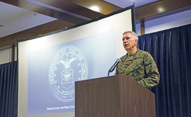 U.S. Marine Corps Gen. Thomas Waldhauser, U.S. Africa Command commander, gives his opening statement at the annual Regional Synchronization Working Group symposium Nov. 14 on Ramstein. The event is an Africa-focused security cooperation forum with leaders from the Department of State, Department of Defense, U.S. Agency for International Development and other personnel to synchronize efforts across the diplomatic, defense and developmental sectors in AFRICOM.