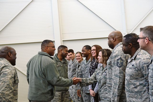 Lt. Gen. Richard M. Clark, 3rd Air Force and 17th Expeditionary Air Force commander, meets members of the 86th Logistics Readiness Squadron Dec. 2 on Ramstein. During his visit to the 86 LRS, Clark learned about the missions they support and the impact made to multiple combatant commands.
