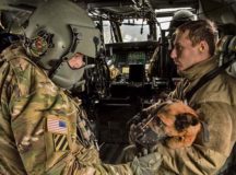 Sgt. Chad F. Salinero, a flight medic with C Company, 1-214th General Support Aviation Battalion, pets military working dog Anouska, a patrol explosive detector dog, during her first helicopter ride as she is held by Sgt. Joseph A. Tucci, a MWD handler with the 100th Military Working Dog Detachment, Jan. 10.