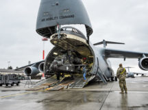 Photo by Staff Sgt. Timothy Moore
An Army AH-64 Apache helicopter is unloaded from an Air Mobility Command in support of Operation Atlantic Resolve C-5M Galaxy Feb. 22 on Ramstein. The four Apache helicopters that arrived are part of a larger contingent of helicopters and personnel comprising of Operation Atlantic Resolve, a U.S. commitment to maintaining peace and stability in the European region.