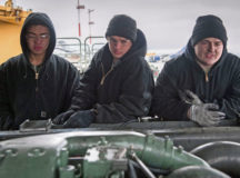 Airmen 1st Class Briann Eddy (left), Brennan Gregory (center) and Dakota Staten, 86th Vehicle Readiness Squadron special vehicle maintenance journeymen, inspect a Tunner 60K Loader Jan. 30 on Ramstein. All three have been together since technical training in California and are part of a 12-man shop responsible for keeping vehicles on the flightline operable at all times.