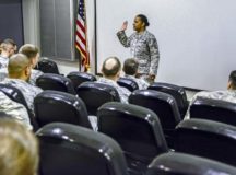 Chief Master Sgt. Shelina Frey, command chief of Air Mobility Command, speaks to attendees of the 521st Air Mobility Wing commander’s conference Feb. 14 on Ramstein. Frey encouraged the commanders, superintendents and first sergeants present to remember the “I” — the person who voluntarily took the oath to defend and protect the United States.
