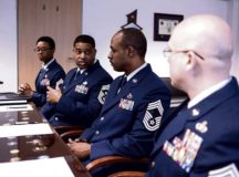 Chief Master Sergeant Phillip L. Easton, U.S. Air Forces in Europe and Air Forces Africa command chief master sergeant, (second from left) provides the rules of engagement to board members as he presides over the USAFE-AFAFRICA Outstanding Airmen of the Year board March 9 on Ramstein.