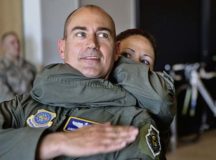 Tech. Sgt. Rosalin Panek, 76th Airlift Squadron flight attendant, puts Col. Andrew Purath, senior developmental education student, in a choke hold during combat survival training May 10  on Ramstein. The combative training was part of the Survival Evasion Resistance and Escape refresher course for aircrew members on base.