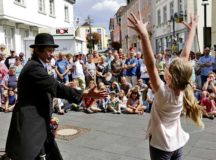 Artists perform in the center of Sankt Wendel during the International Competition of Street Magicians today, Saturday and Sunday.