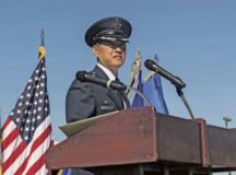 Col. Peter P. Feng, incoming 65th Air Base Group commander, speaks during a change of command ceremony Aug. 16 on Lajes Field, Portugal. Feng received command of the 65th ABG from Col. Daniel. C. Furleigh, 65th ABG outgoing commander, during the ceremony.