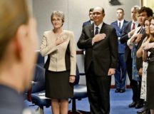 Secretary of the Air Force Heather Wilson and to-be sworn in Undersecretary of the Air Force Matthew Donovan stand during the National Anthem Aug. 11 at his swearing-in ceremony at the Pentagon in Arlington County, Va.