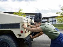 Airmen assigned to the 86th Airlift Wing push a Humvee during the annual Commander’s Challenge resilience day Sept. 6 on Ramstein. Air Force Instruction 90-506 requires Air Force units to conduct two resilience days each year.