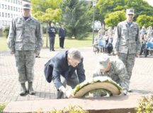 Retired Air Force Col. Kenneth Cordier, a former Vietnam prisoner of war (1966 to 1973), and Col. Matthew Villella, 435th Air Expeditionary Wing and 435th Air Ground Operations Wing vice commander, place the POW/MIA memorial wreath Sept. 15 on Ramstein’s River Rats memorial. According to the Defense POW/MIA Accounting Agency, there are no more than 82,000 military members unaccounted for from past conflicts, 1,600 from Vietnam alone.