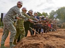Military and civilian officials participate in a groundbreaking ceremony for a school building Sept. 29 at Vogelweh. The U.S. Department of Defense Education Activity is pushing an initiative to establish more student-centered and energy efficient schools.