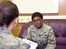 Senior Master Sgt. Denise McCants, 86th Logistics Readiness Squadron superintendent of operations compliance flight discusses her diagnosis with Maj. Asia Roberson, 86th Medical Management Squadron registered nurse, Nov. 7 on Ramstein Air Base. The American Diabetes Association has made the month of Nov. of each year American Diabetes Month in an effort to raise awareness about the disease.