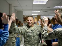 Senior Master Sgt. Daniel Stellabotte, 86th Dental Squadron dental operations superintendent, receives congratulations from his colleagues after being selected for promotion to the rank of chief master sergeant. Chief master sergeant corresponds with the pay grade E-9, and is the highest enlisted rank an Airman can attain.
