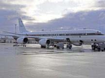 NASA’s Armstrong Flight Research Center’s DC-8 jetliner on Ramstein Air Base waits to take flight over Europe. The DC-8 is used to gather data to support international scientific experiments.