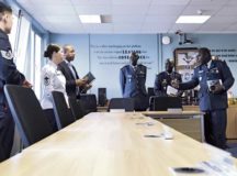 Chief Master Sgt. Kathi Glascock, U.S. Air Forces in Europe Kisling Noncommissioned Officer Academy commandant, discusses the Airman Leadership School program with Lt. Col. Aliou Faye, Senegal Air Force chief of the Human Resources Division, about how ALS promotes a learning environment and open discussion at the Kisling NCOA on Kapaun Air Station, Feb. 16. On average, 595 students complete ALS on Vogelweh Military Complex every year. Photo by Airman 1st Class Kristof J. Rixmann