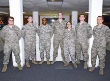 Airmen assigned to the 21st Operational Weather Squadron stand for a photo Feb. 14 on Kapaun Air Station. The Airmen were a vital part of documenting and alerting Department of Defense personnel in Europe of record-breaking winter storm Friederike which struck western Europe. — Photo by Senior Airman Devin M. Rumbaugh